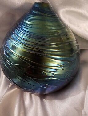 Vintage 1990s Handmade Iridescent Art Glass Oil Lamp Ribbed Swirl As Is